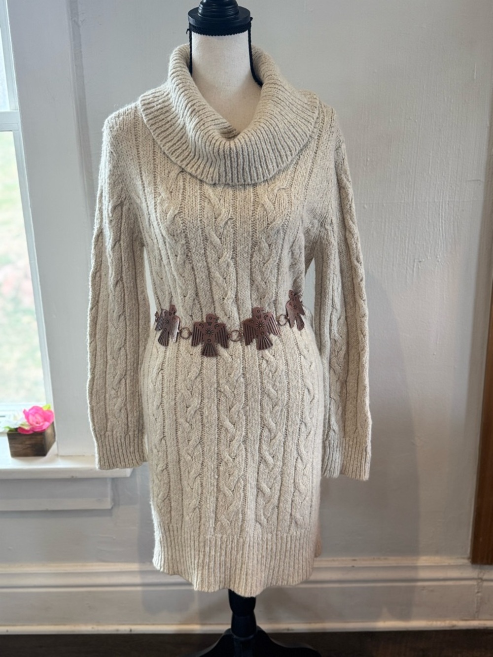 Cozy Cable Knit Cowl Neck Sweater Dress